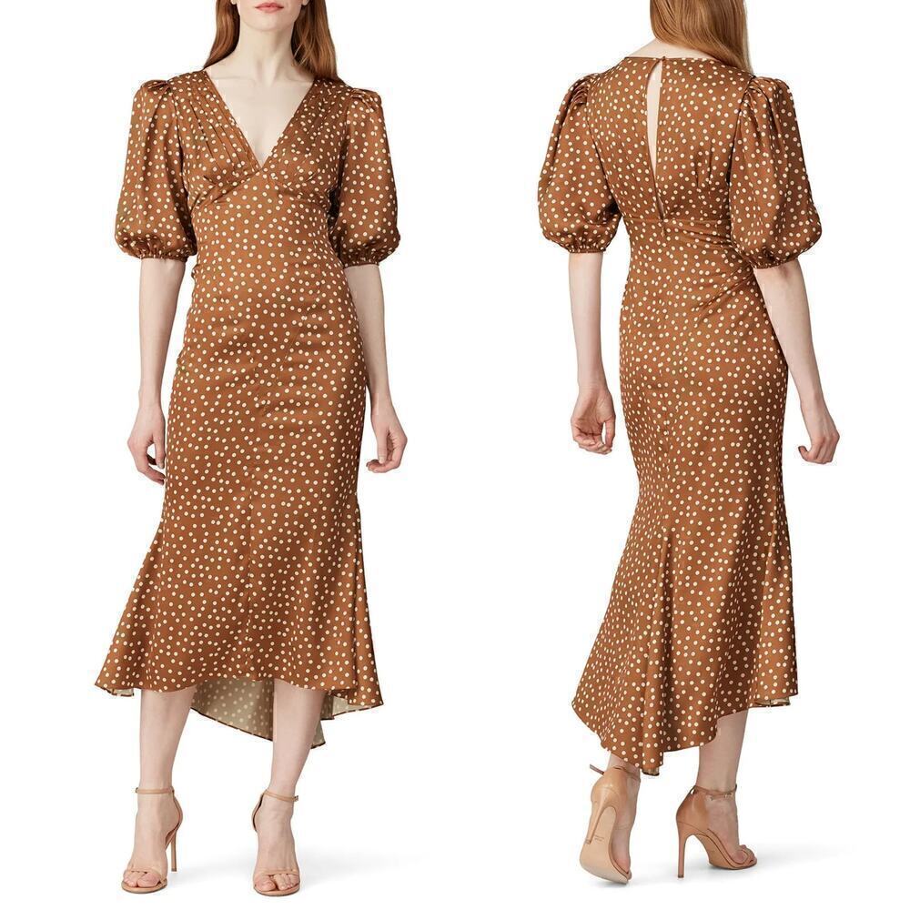Ronny Kobo Callie Dress Polka Dot Puff Sleeve Satin Midi Pecan Brown White XS